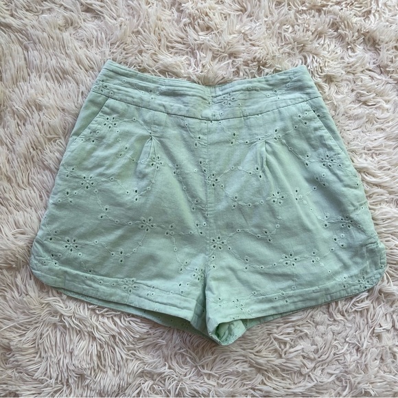 ZARA Embroidered Eyelet Shorts Mint Green Cotton High Waisted Pockets size XS - Picture 2 of 10